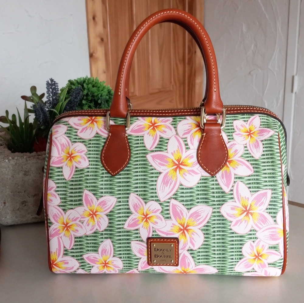 Dooney & Bourke Coated Cotton Plumeria Barrel Satchel, Pink/Green - Picture 5 of 16